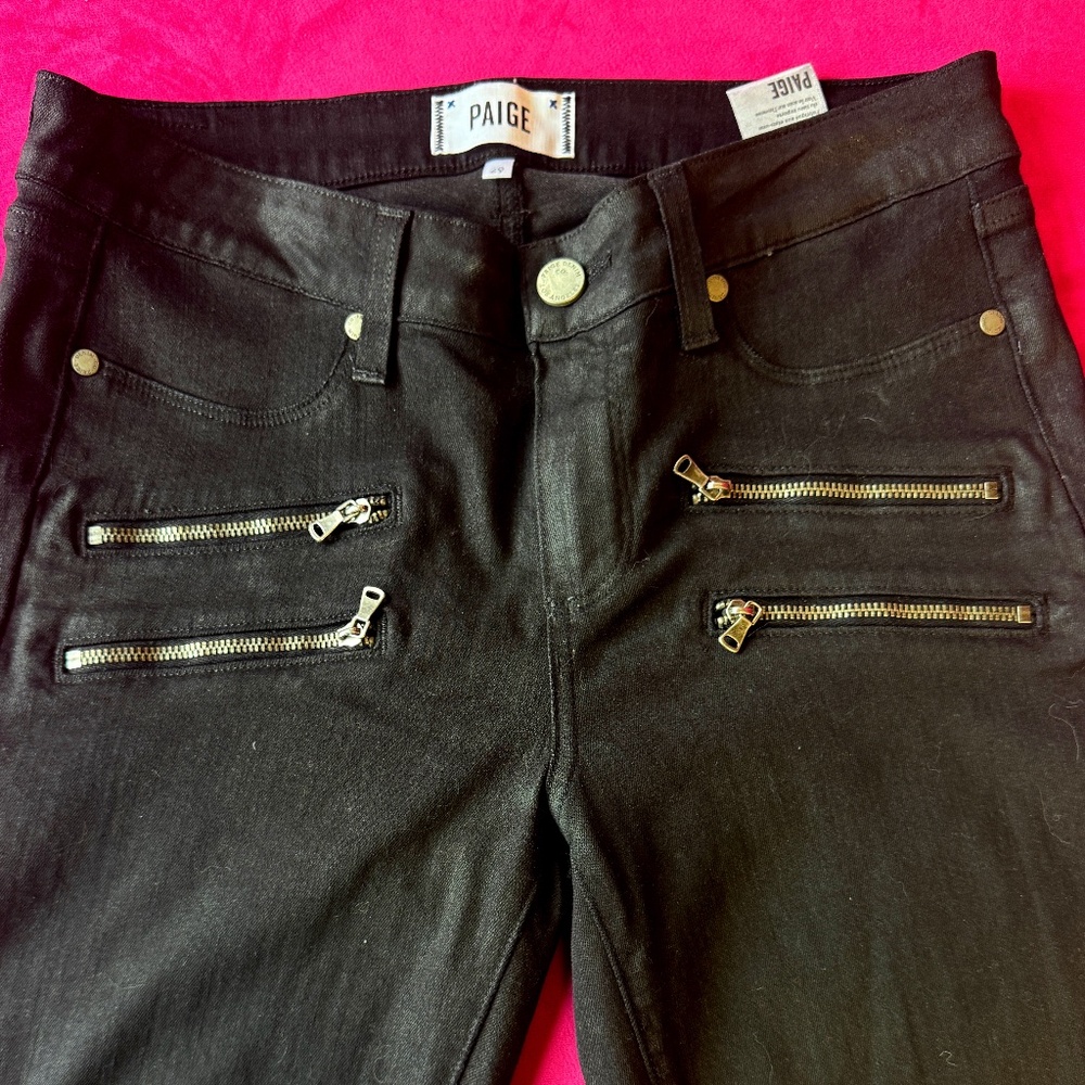 Paige Black Skinny Jeans with Zipper Detail and Leather-Like Look (Size 29)
